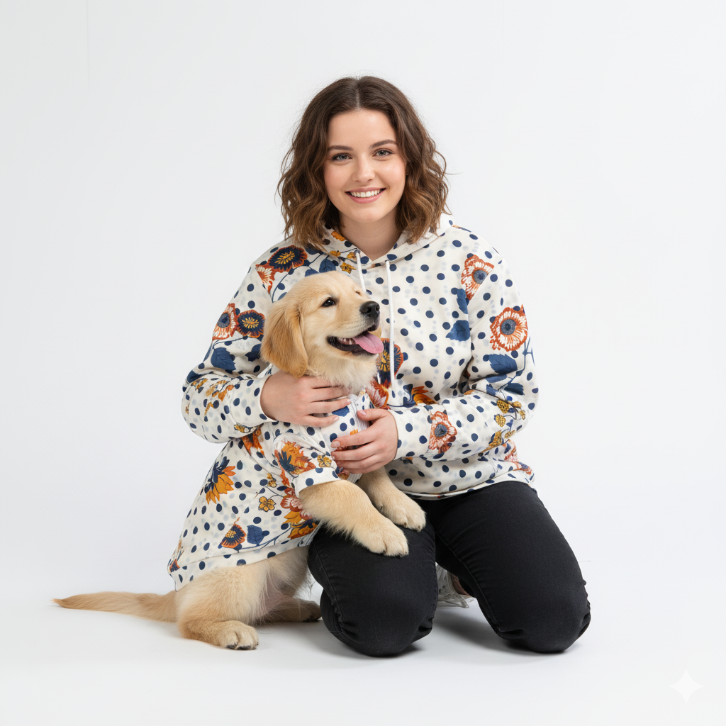 Flower Dots Pattern Mensch-Hund Kapuzenpullover Set  Mensch-Hund Kapuzenpullover Set TwinTails